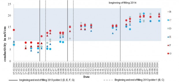 Development of conductivity in the leachate depending on filling experiments (blue area - range of brackish filling water)